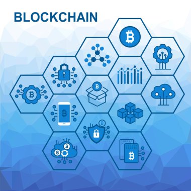 Blockchain kavramı düşük Poli arka plan ile vektör Illustration. Altıgen şekillerin bağlı.
