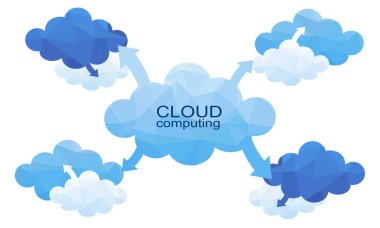 Cloud Computing tasarım konsepti ile çokgen. Teknolojik altyapı. Vektör grafik illüstrasyon.