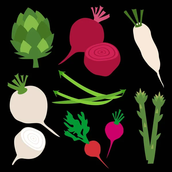 Organikus Zöldségek Gyűjteménye Fekete Háttérrel Ökológiai Zöldségek Kórokozó Átvivő Előfizetője — Stock Vector