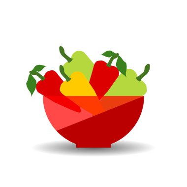 Kırmızı şeffaf bir kasede farklı renkte biberler. Gölgeli vektör grafik çizimi.