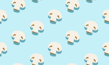 Dilimlenmiş mantarlı ve gölgeli kusursuz mavi bir arka plan. Şablon için sebzeli vektör illüstrasyon tasarımı.