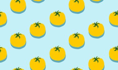 Kusursuz mavi arka plan, gölgeli sarı domatesler. Şablon için sebzeli vektör illüstrasyon tasarımı.