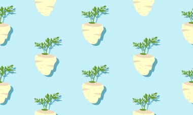 Lekesiz mavi arka plan, gölgeli kereviz. Şablon için sebzeli vektör illüstrasyon tasarımı.