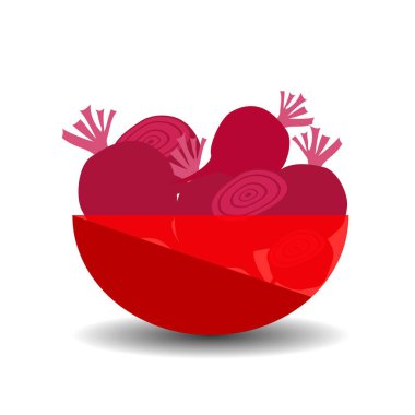 Kırmızı şeffaf bir kasede pancar kökü. Gölgeli vektör grafik çizimi.