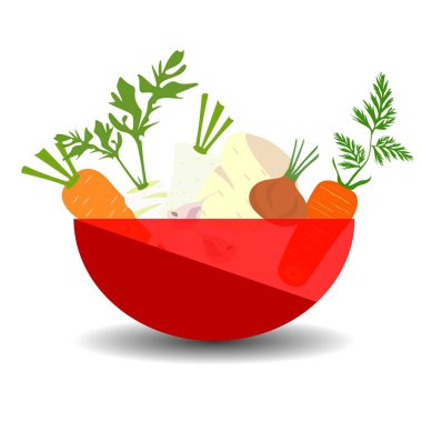 Kırmızı şeffaf bir kasede çorba için sebzeler. Gölgeli vektör grafik çizimi.