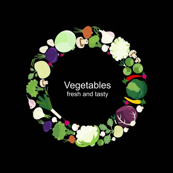 有黑色背景的圆形蔬菜 蔬菜新鲜美味的食物 矢量图标平面插图 — 图库矢量图片