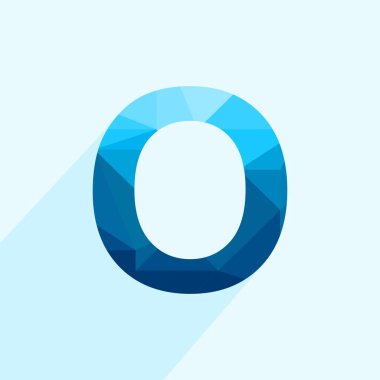 Mavi vektör çokgen harfi O, uzun gölgeli. Düz tasarımın soyut düşük polimerli çizimi.