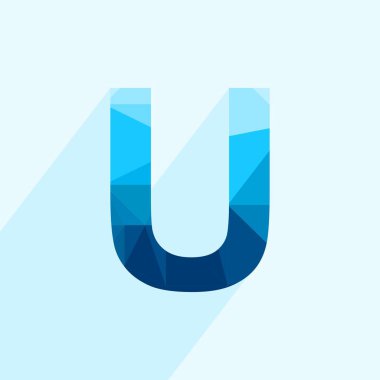 Uzun gölgeli mavi vektör çokgen U harfi. Düz tasarımın soyut düşük polimerli çizimi.