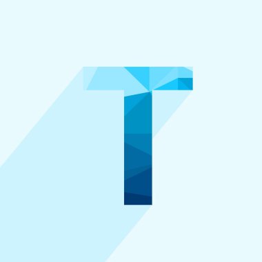 Uzun gölgeli mavi vektör çokgen T harfi. Düz tasarımın soyut düşük polimerli çizimi.