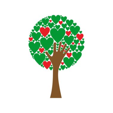 Kalp yapraklarıyla bir aşk ağacı oluşturan el. Kırmızı ve yeşil kalpler ağaç vektör arkaplanı.