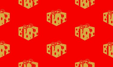 Altın hediye kutularıyla kırmızı, pürüzsüz desen. Mutlu Noeller ve Mutlu Yıllar için vektör grafik çizimi.
