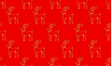 Altın Noel geyiğiyle kırmızı, pürüzsüz desen. Mutlu Noeller ve Mutlu Yıllar için vektör grafik çizimi.