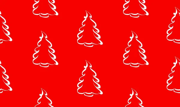 Modello Rosso Senza Cuciture Con Pini Bianchi Alberi Natale Illustrazione — Vettoriale Stock
