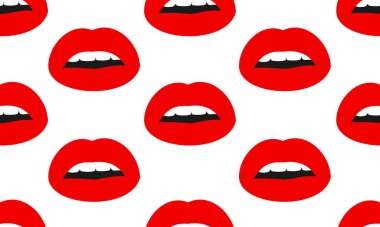 Düz dudaklı, kırmızı dudaklı, kusursuz bir kadın. Beyaz arkaplanda izole edilmiş dudaklar. 