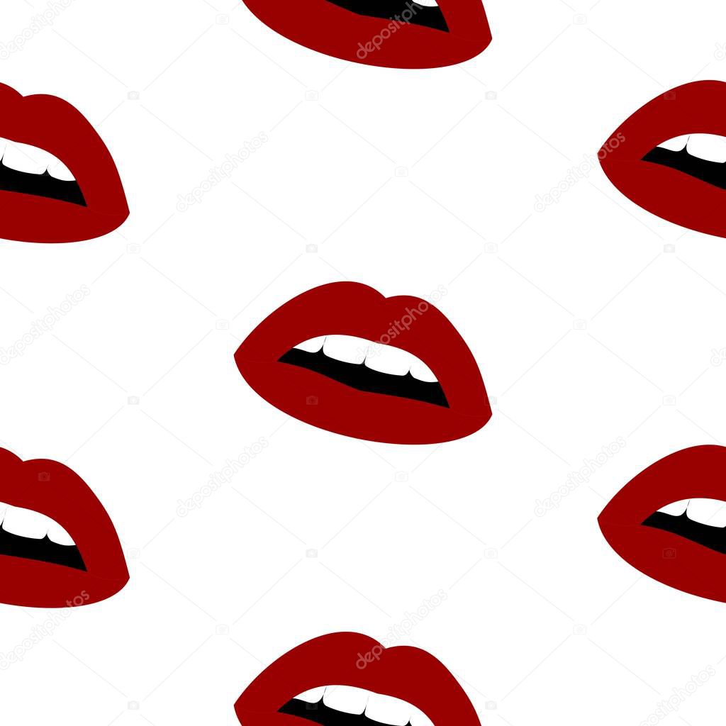 Vector seamless pattern with woman's dark red kissing flat lips. Lips pattern  isolated on white background.