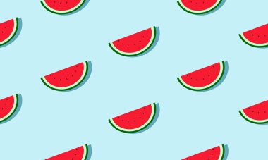 Gölge ile karpuz dilimleri ile dikişsiz mavi arka plan. Tebrik kartı veya şablon için vektör çizim tasarımı.
