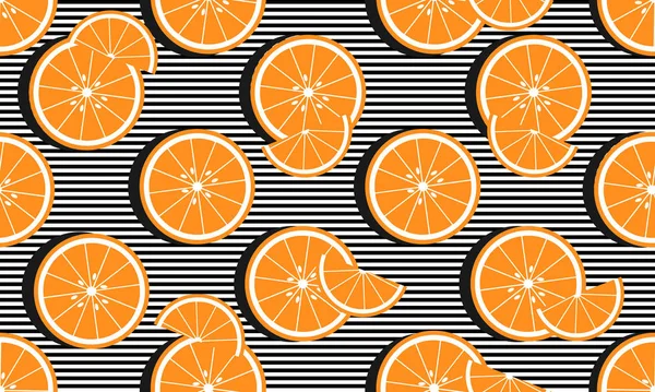 带条纹的矢量无缝背景和带黑色阴影的橙子片 用于图案或模板的矢量水果设计 — 图库矢量图片#