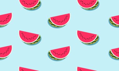 Gölge ile karpuz dilimleri ile dikişsiz mavi arka plan. Tebrik kartı veya şablon için vektör çizim tasarımı.