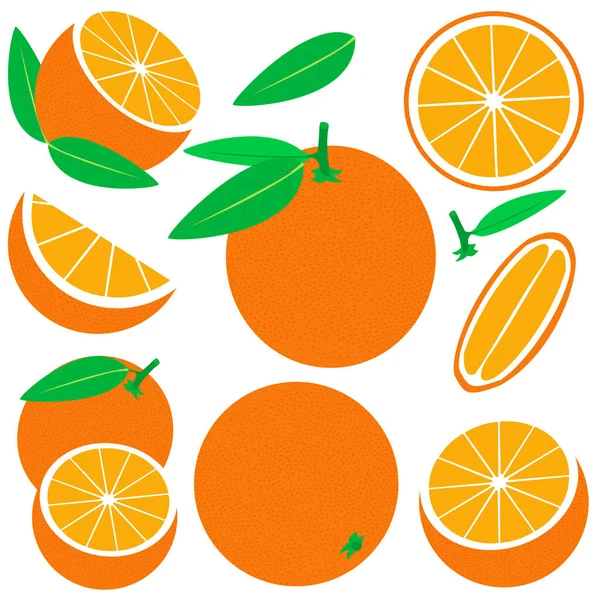 Ensemble Vectoriel Orange Isolé Sur Fond Blanc Oranges Entières Tranches — Image vectorielle