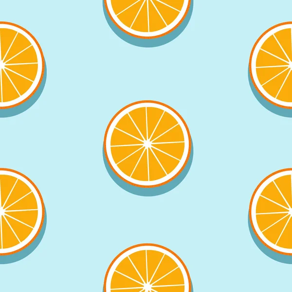 Nahtloser Blauer Hintergrund Mit Scheiben Orangen Mit Schatten Vektorfruchtdesign Für — Stockvektor