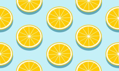 Kusursuz mavi arka plan, gölgeli greyfurt dilimleri. Desen veya şablon için vektör meyve tasarımı.