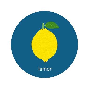 Beyaz arkaplanda vektör limon simgesi izole edildi. Meyveli düz mavi daire ikonu. Sağlıklı yemek.. 