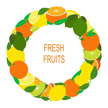 Tropikal meyveli çelenk. Taze tropik meyveli vektör illüstrasyonu. Şablon, pankart, sınır, çerçeve, kart veya simgeden uygun vektör düz tasarımı. 