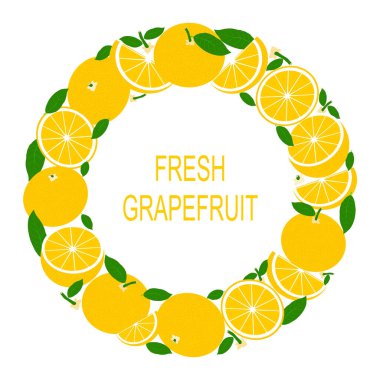 Greyfurtlu çelenk. Çemberde taze greyfurtlu vektör ilüstrasyonu. Şablon, pankart, sınır, çerçeve, kart veya simgeden uygun vektör düz tasarımı. 