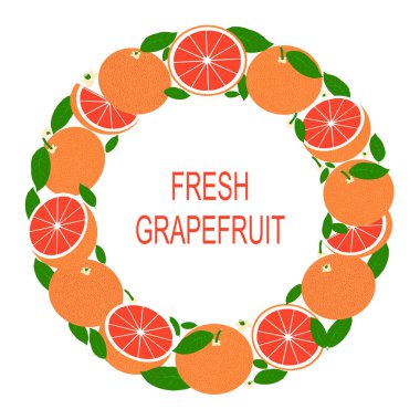 Greyfurtlu çelenk. Çemberde taze greyfurtlu vektör ilüstrasyonu. Şablon, pankart, sınır, çerçeve, kart veya simgeden uygun vektör düz tasarımı. 