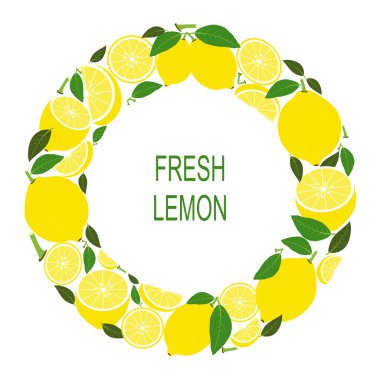 Limonlu çelenk. Çemberde taze limonlarla vektör illüstrasyonu. Şablon, pankart, sınır, çerçeve, kart veya simgeden uygun vektör düz tasarımı. 
