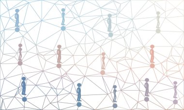 İnsanlar COVID 19 'u önlemek için uzak duruyorlar. Coronavirus hastalığı taşıyıcı illüstrasyonu. Çokgen arkaplan çizimi.