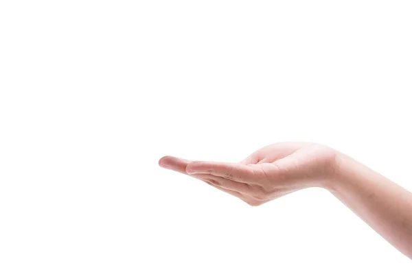 Närbild Vacker Mänsklig Hand Håller Något Gest Isolera Vit Bakgrund — Stockfoto