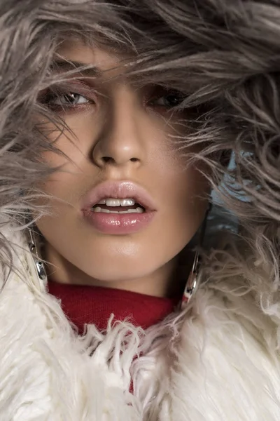 Winter Woman in Luxury Fur Coat. Beauty Fashion Model Girl in Grey Fur Coat. Perfect Makeup and accessories. Beautiful Luxury Winter Lady
