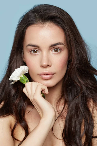 Beautiful brunette girl with nude make up and fresh skin posing at blue background with carnation flower, skin care concept, beauty spa, bio product. Woman with natural wavy hair.