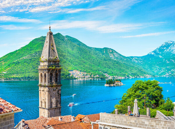 Belltower of Saint Nicholas church in Perast, view from above