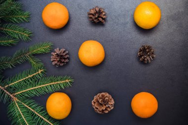 Noel arka plan kürk-ağaç dalları, koniler, kurutulmuş portakal ile