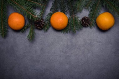 Noel arka plan kürk-ağaç dalları, koniler, kurutulmuş portakal ile