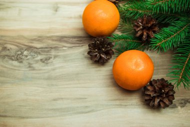 Noel arka plan kürk-ağaç dalları, koniler, kurutulmuş portakal ile