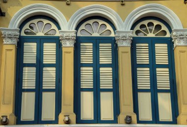 China Town Singapur'da çiçek ve sömürge tarzı içinde pencere eşiği.