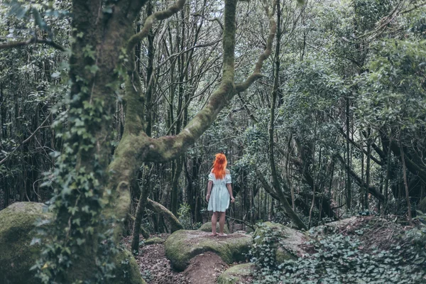 Mujer joven en vestido blanco en el bosque — Foto de Stock