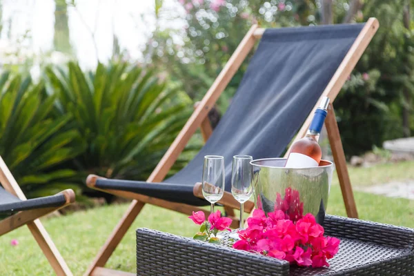 Vasos de vino con botella de vino rosa con fondo de jardín — Foto de Stock