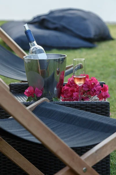 Vasos de vino con botella de vino rosa con fondo de jardín — Foto de Stock