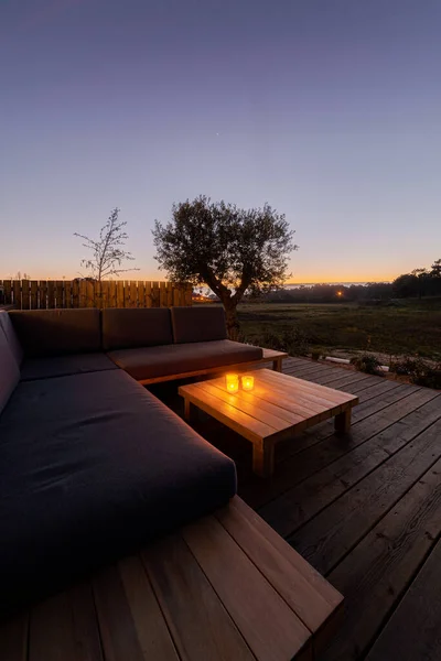 Relax Hoek Met Kussens Het Dek Moderne Villa Terras — Stockfoto