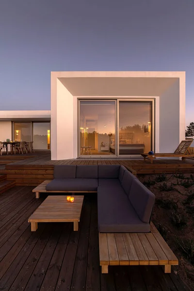 Relax Ecke Mit Kissen Auf Deck Moderner Villa Terrasse — Stockfoto