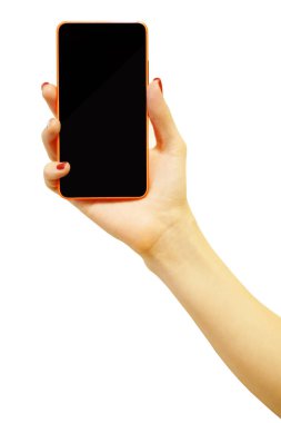 El ile hareket eden telefon beyaz arka plan üzerinde izole. Onun mermiyi tutuyor kırmızı beyaz kadınla Smartphone turuncu durumda ve siyah bir ekran ile çivi