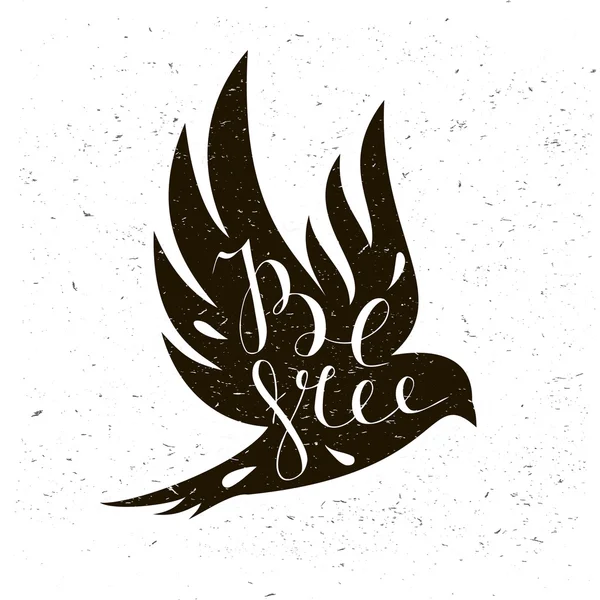 Pájaro negro aislado con alas expandidas y cita de motivación Sé libre . — Archivo Imágenes Vectoriales