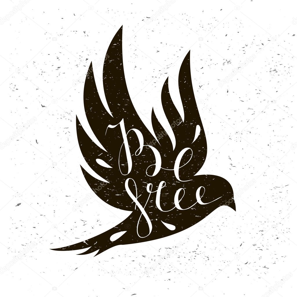 Black bird isolated with expanded wings and motivation quote Be free.