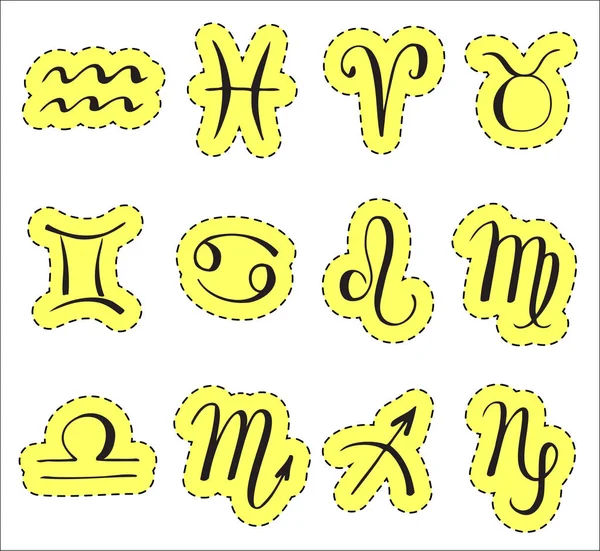 Signs of the zodiac. Icons. Hand-drawn, lettering. — Stock Vector