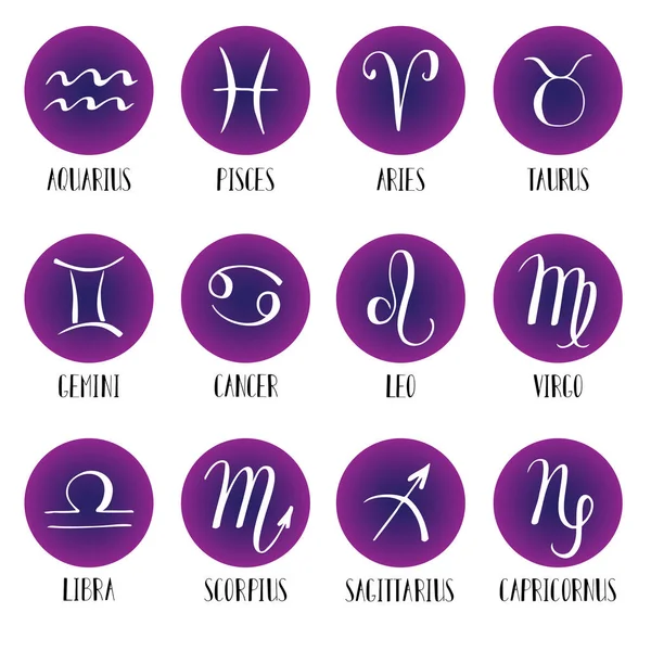 Signos del zodiaco. Iconos. Dibujado a mano, con letras . — Vector de stock