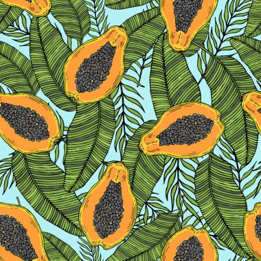 Desen kesme papaya tropikal yaprakları ile. Mavi bir arka plan üzerinde.